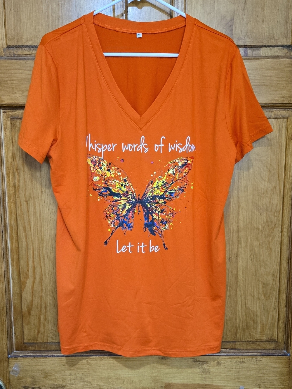 Source Unknown Orange V-Neck Butterfly Graphic Tee
